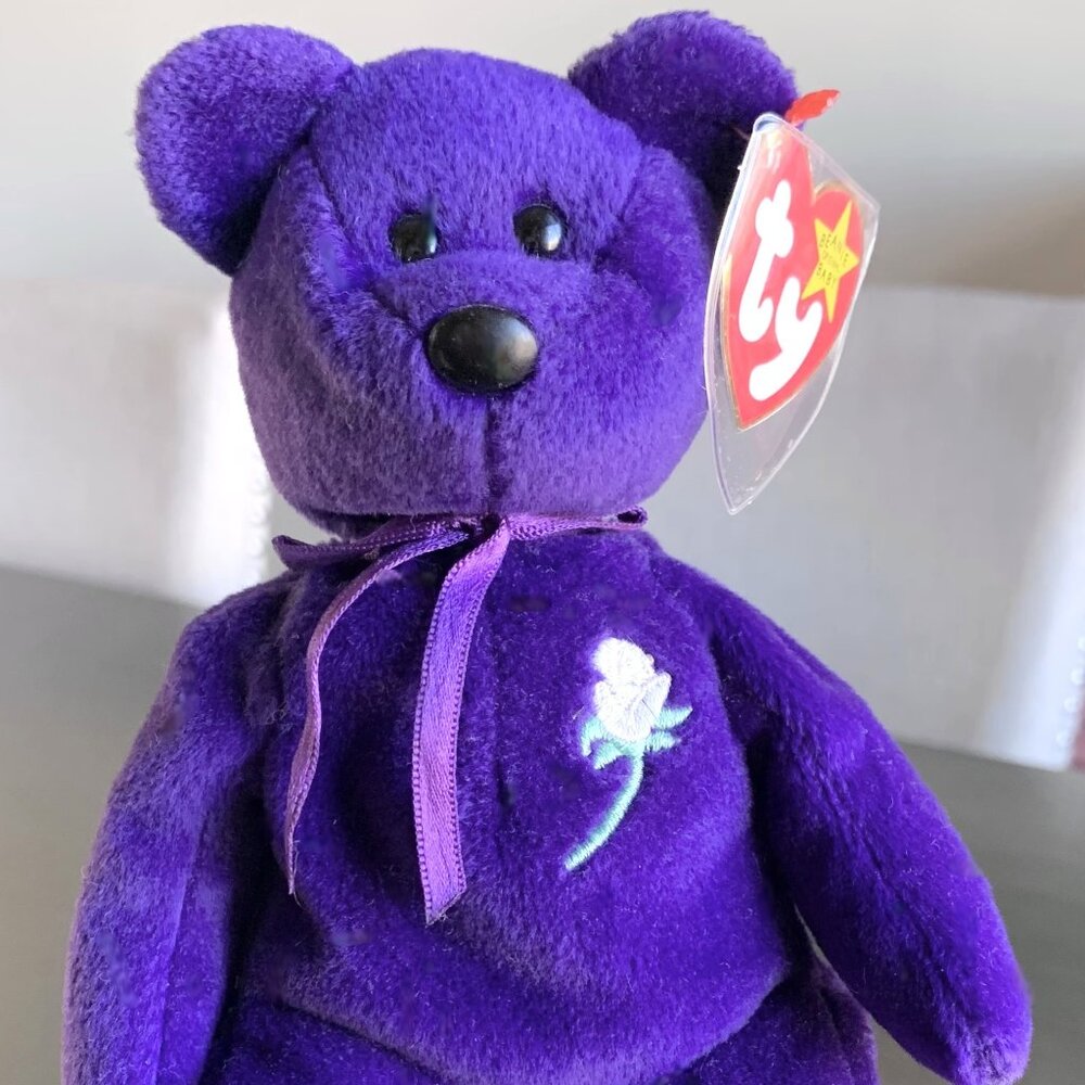 1997 4300 Purple White Rose Vintage Princess Diana Bear Ty Beanie Baby MWMT